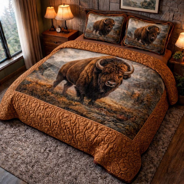 Majestic Bison quilted 3-piece bedding set on a made bed in a rustic timber bedroom