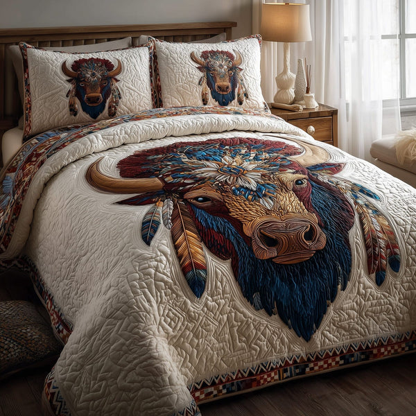 Majestic Bison quilted 3-piece bedding set on a made bed in a rustic timber bedroom