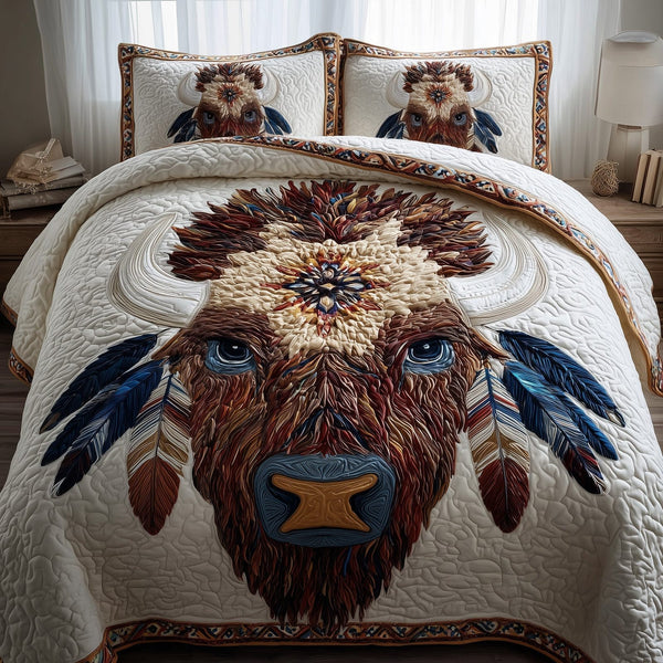 Majestic Bison quilted 3-piece bedding set on a made bed in a rustic timber bedroom