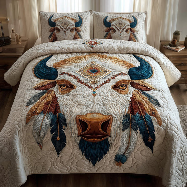Majestic Bison quilted 3-piece bedding set on a made bed in a rustic timber bedroom