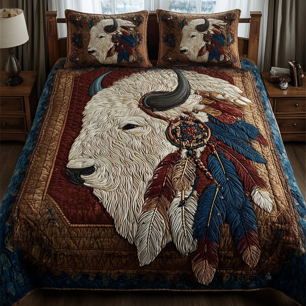 Majestic Bison quilted 3-piece bedding set on a made bed in a rustic timber bedroom