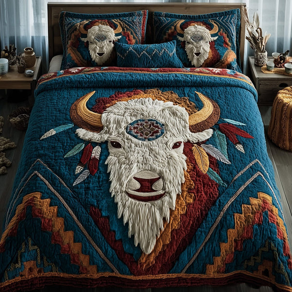 Majestic Bison quilted 3-piece bedding set on a made bed in a rustic timber bedroom