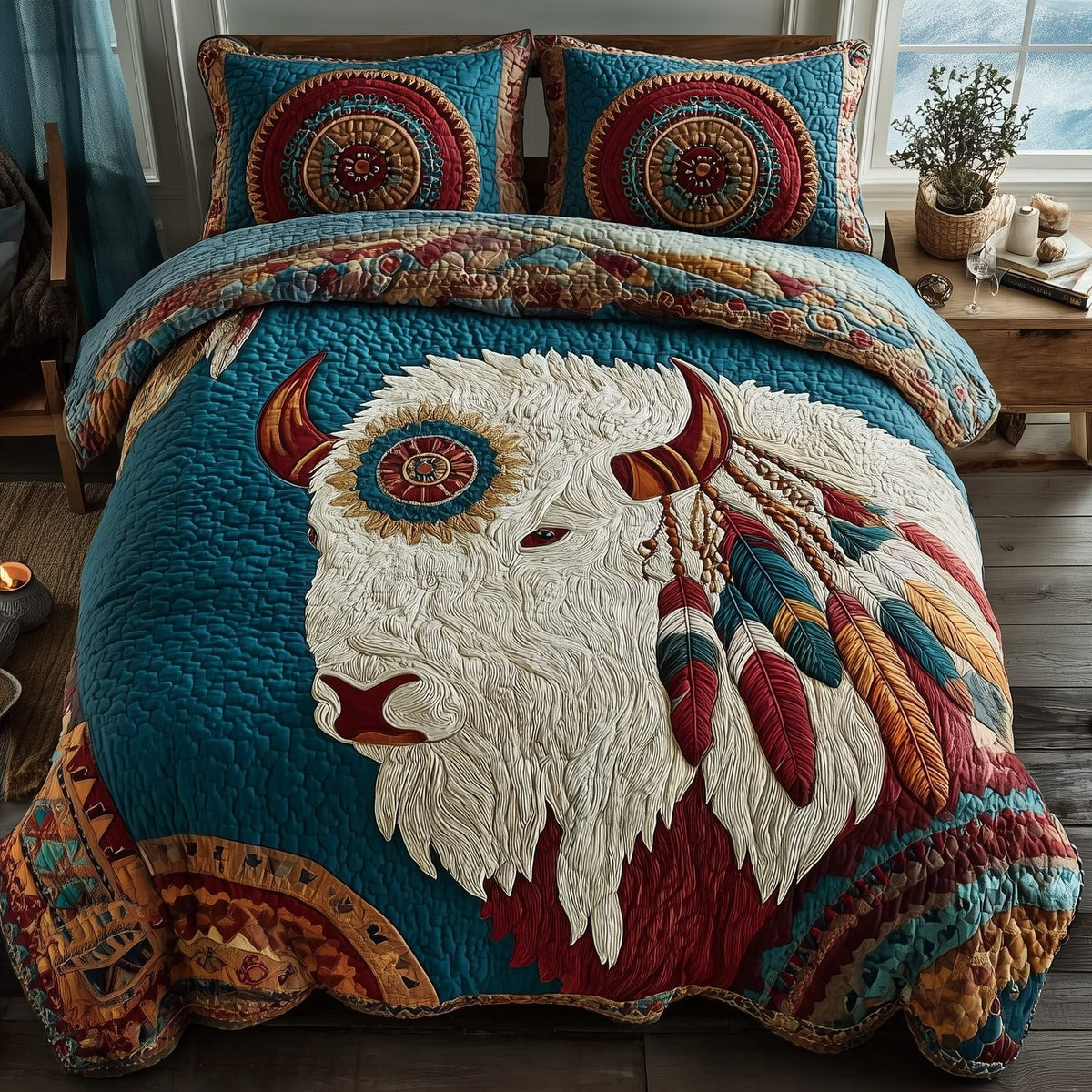 Majestic Bison quilted 3-piece bedding set on a made bed in a rustic timber bedroom