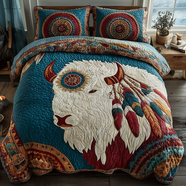 Majestic Bison quilted 3-piece bedding set on a made bed in a rustic timber bedroom