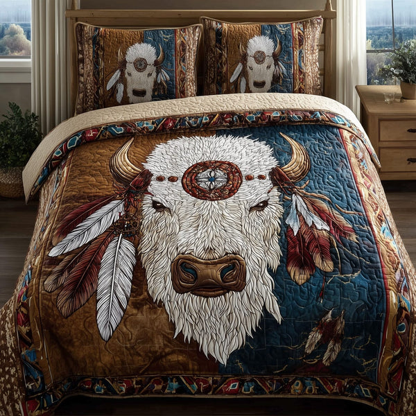 Majestic Bison quilted 3-piece bedding set on a made bed in a rustic timber bedroom