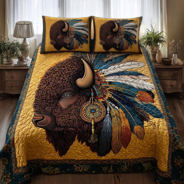 Majestic Bison quilted 3-piece bedding set on a made bed in a rustic timber bedroom