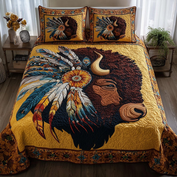 Majestic Bison quilted 3-piece bedding set on a made bed in a rustic timber bedroom