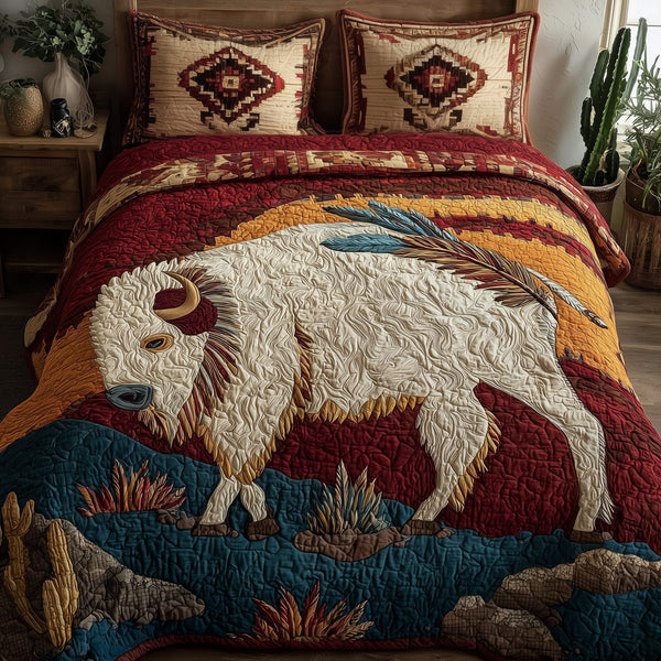 Majestic Bison quilted 3-piece bedding set on a made bed in a rustic timber bedroom