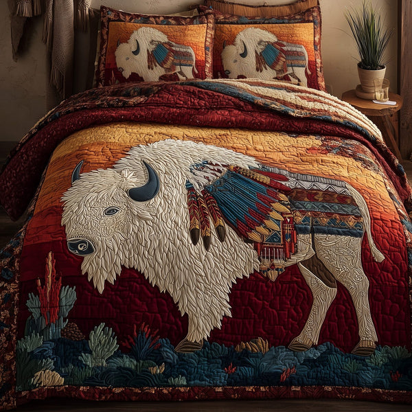 Majestic Bison quilted 3-piece bedding set on a made bed in a rustic timber bedroom