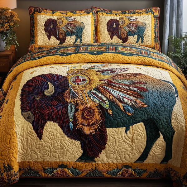 Majestic Bison quilted 3-piece bedding set on a made bed in a rustic timber bedroom