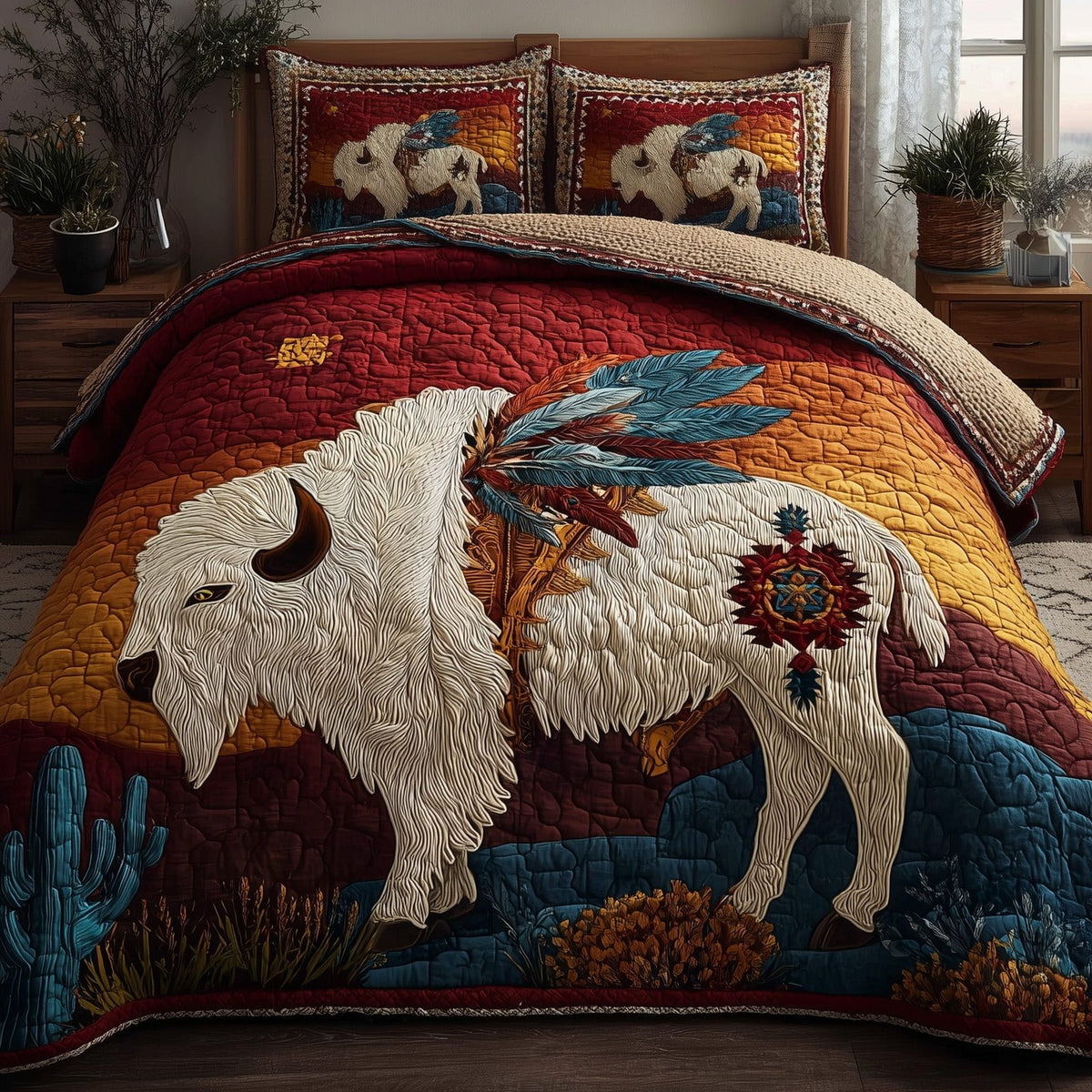 Majestic Bison quilted 3-piece bedding set on a made bed in a rustic timber bedroom