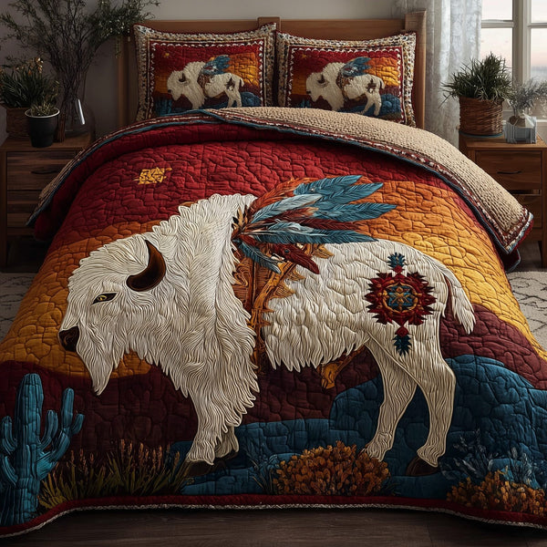 Majestic Bison quilted 3-piece bedding set on a made bed in a rustic timber bedroom