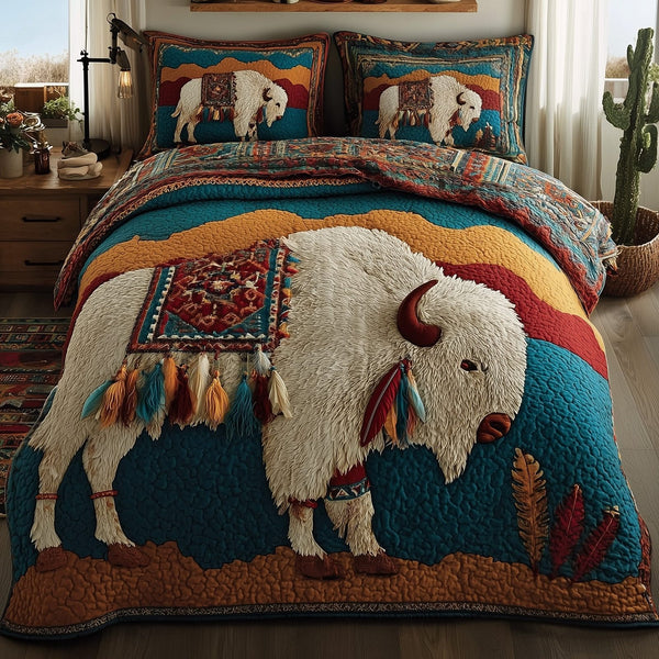Majestic Bison quilted 3-piece bedding set on a made bed in a rustic timber bedroom
