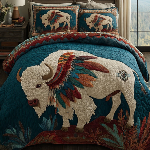 Majestic Bison quilted 3-piece bedding set on a made bed in a rustic timber bedroom