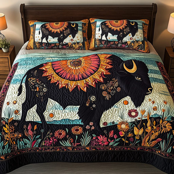 Majestic Bison quilted 3-piece bedding set on a made bed in a rustic timber bedroom