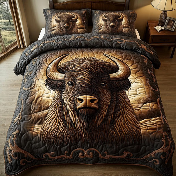 Majestic Bison quilted 3-piece bedding set on a made bed in a rustic timber bedroom
