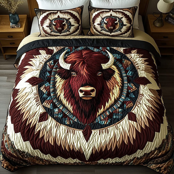 Majestic Bison quilted 3-piece bedding set on a made bed in a rustic timber bedroom