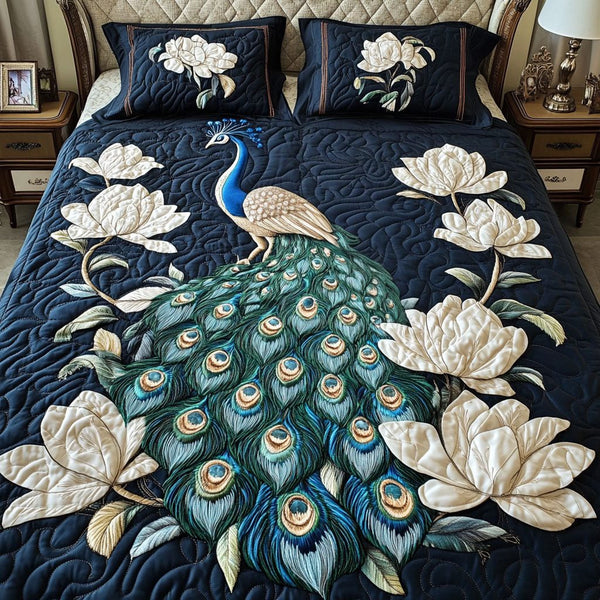 Majestic Bloom quilted 3-piece bedding set on a made bed with two matching pillow shams