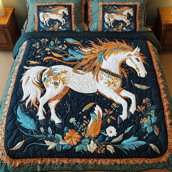 Majestic Blossom quilted 3-piece bedding set on a made bed with two matching pillow shams