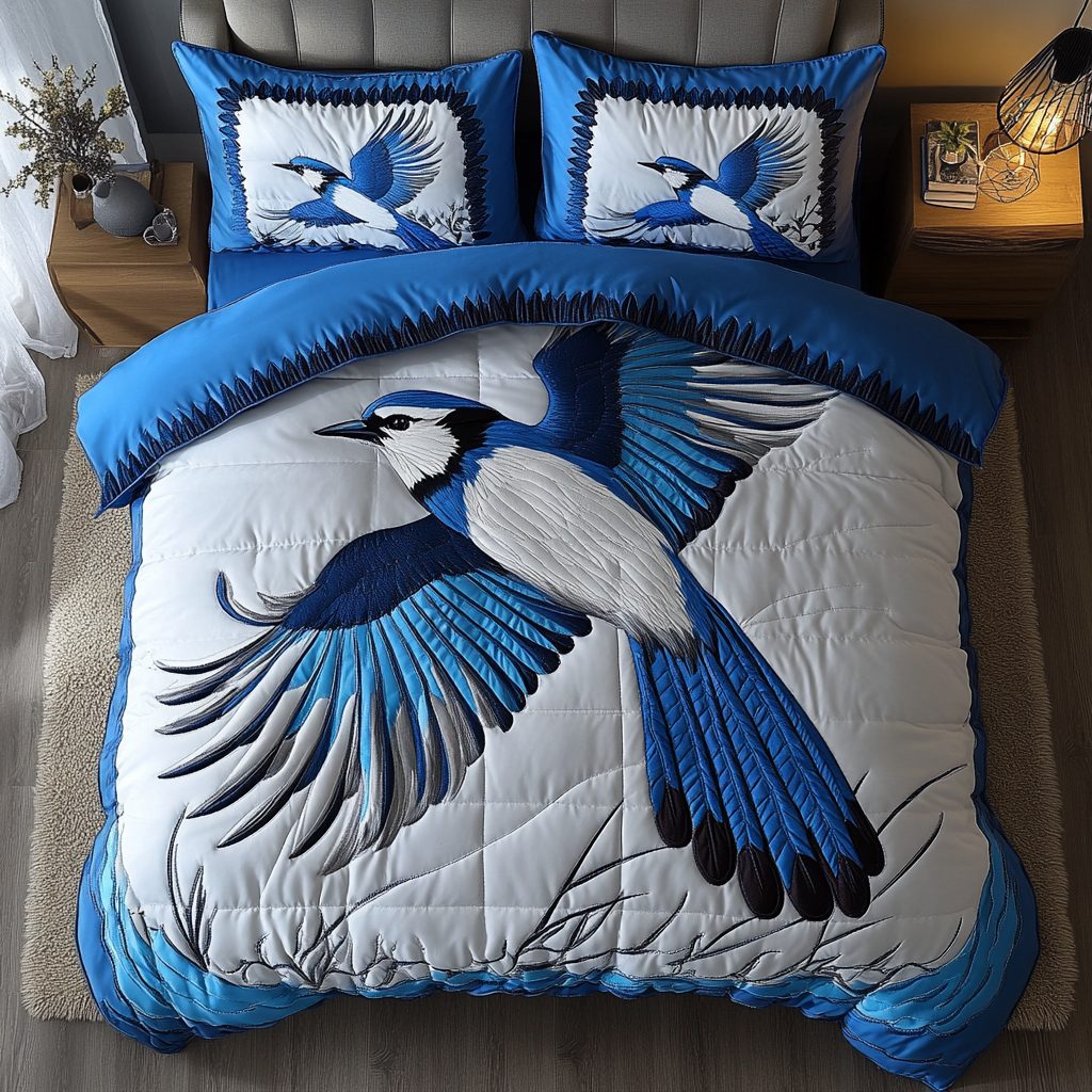 Majestic Bluejay quilted 3-piece bedding set on a made bed with two matching pillow shams
