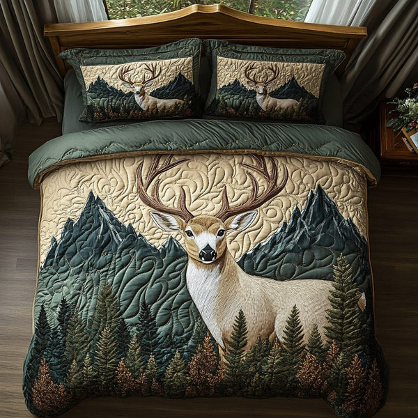 Majestic Buck quilted 3-piece bedding set on a made bed with two matching pillow shams