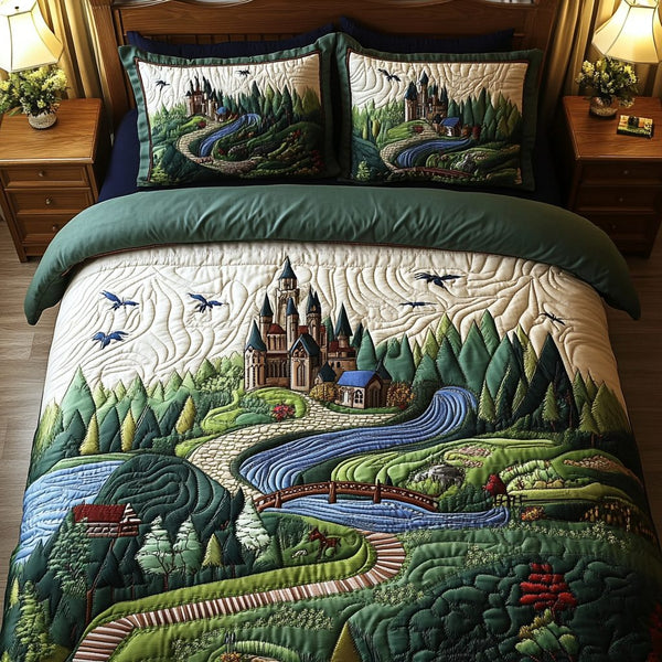 Majestic Castle quilted 3-piece bedding set on a made bed with two matching pillow shams