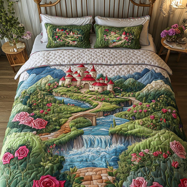 Majestic Castle quilted 3-piece bedding set on a made bed with two matching pillow shams