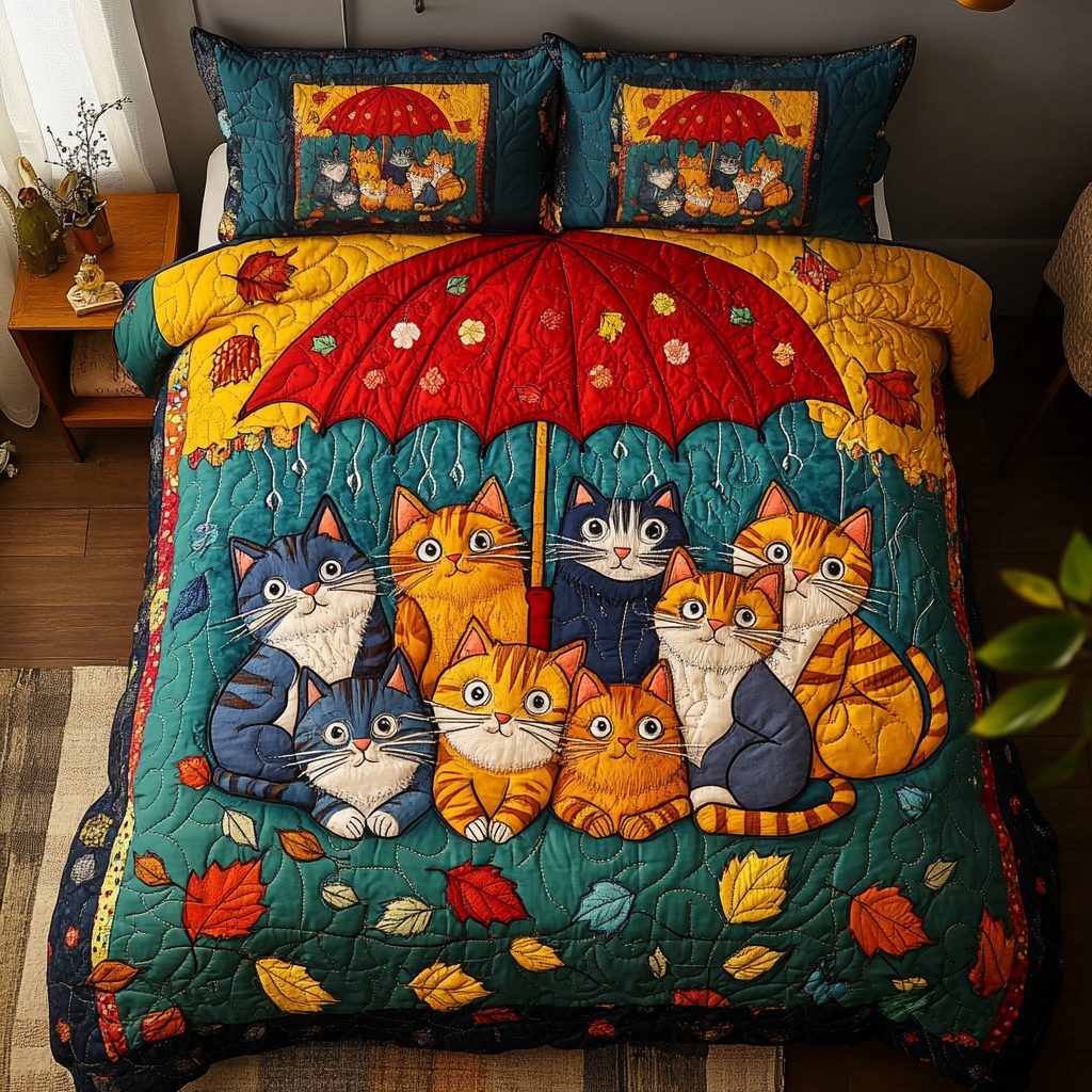 Majestic Cat quilted 3-piece bedding set on a made bed with two matching pillow shams