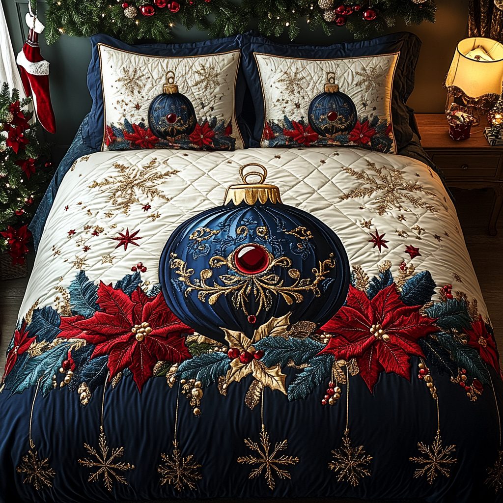 Majestic Christmas Glow quilted 3-piece bedding set on a made bed in a winter-styled bedroom