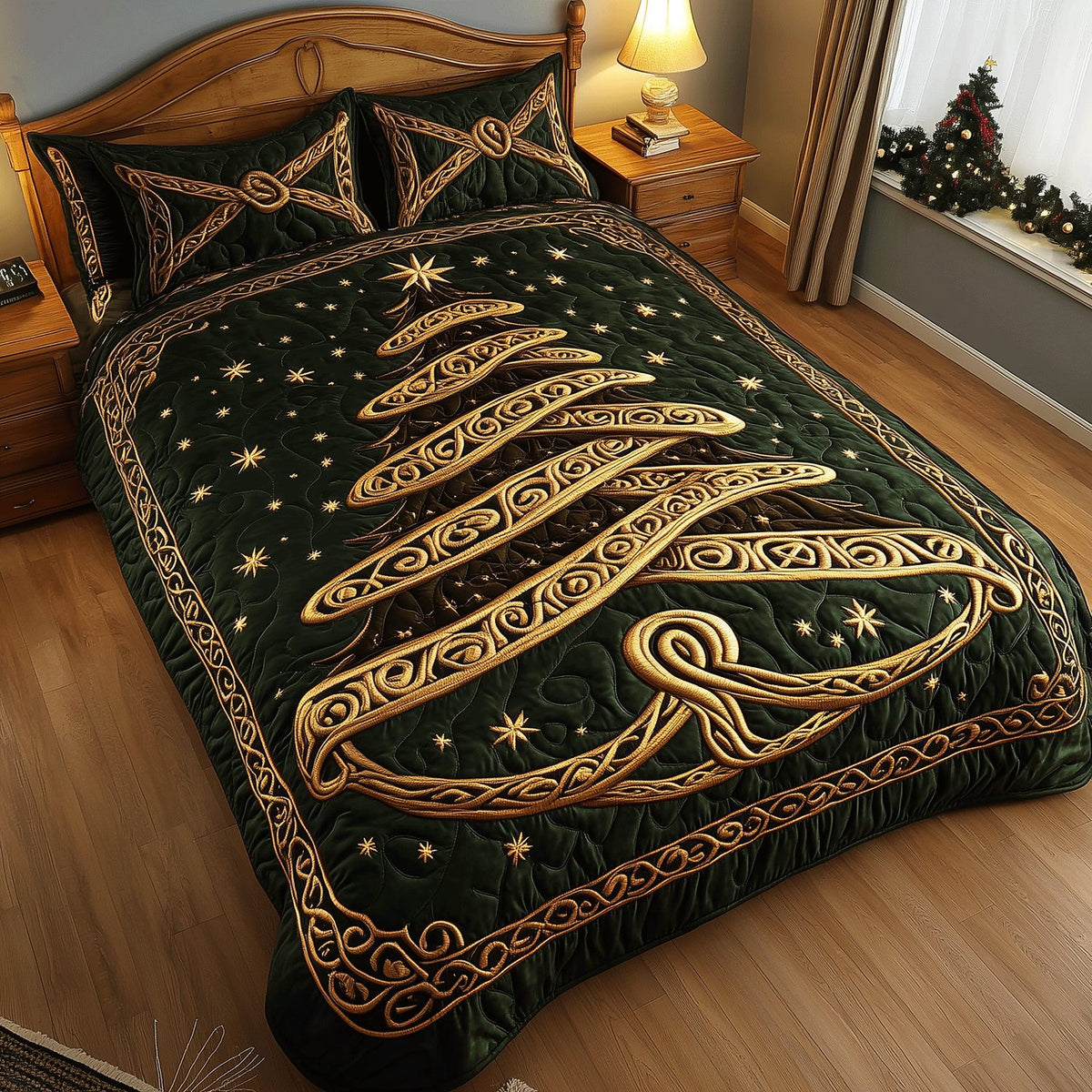Majestic Christmas Tree quilted 3-piece bedding set on a made bed in a winter-styled bedroom