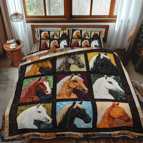 Majestic Colorful Horse quilted 3-piece bedding set on a made bed in a rustic timber bedroom