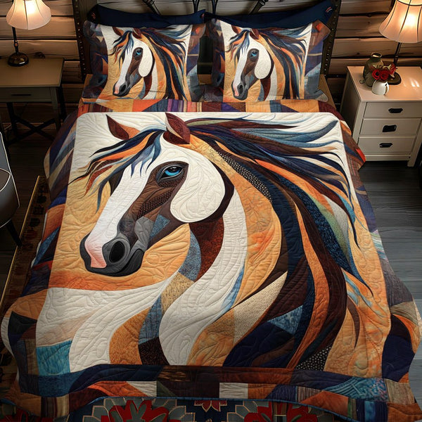 Majestic Colorful Horse quilted 3-piece bedding set on a made bed in a rustic timber bedroom