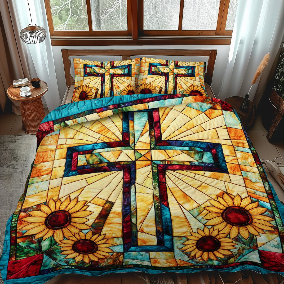 Majestic Cross quilted 3-piece bedding set on a made bed in a softly lit bedroom