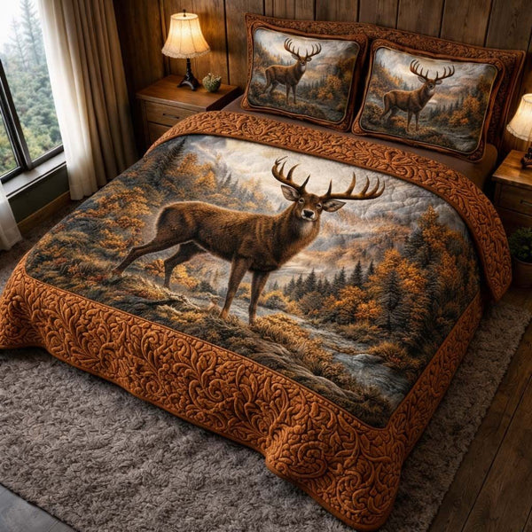 Majestic Deer quilted 3-piece bedding set on a made bed with two matching pillow shams