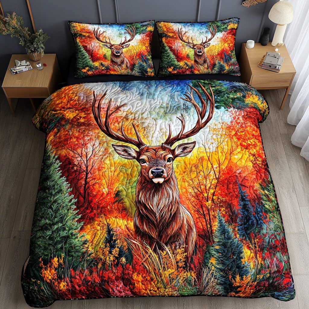 Majestic Deer quilted 3-piece bedding set on a made bed with two matching pillow shams