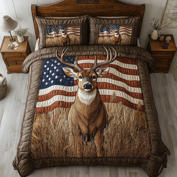 Majestic Deer quilted 3-piece bedding set on a made bed with two matching pillow shams
