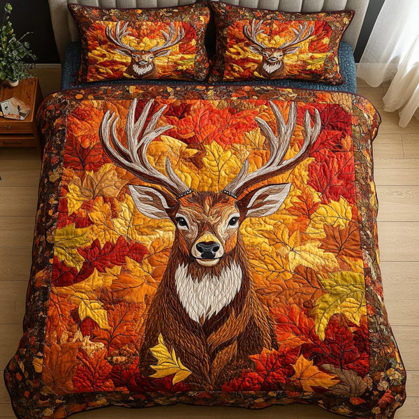 Majestic Deer quilted 3-piece bedding set on a made bed with two matching pillow shams