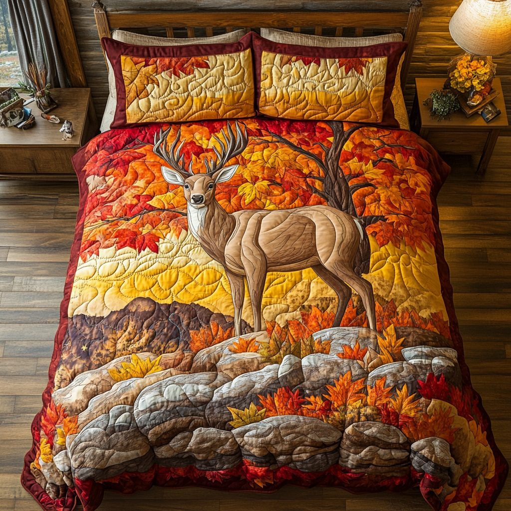Majestic Deer quilted 3-piece bedding set on a made bed with two matching pillow shams