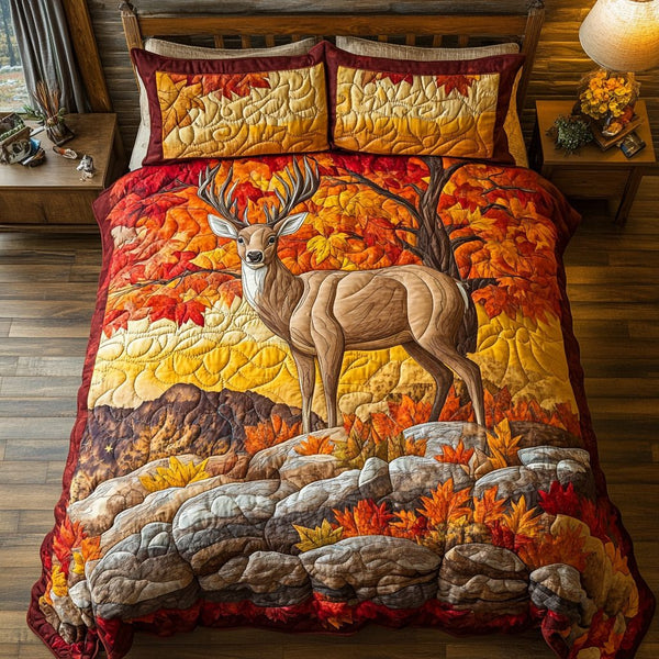 Majestic Deer quilted 3-piece bedding set on a made bed with two matching pillow shams