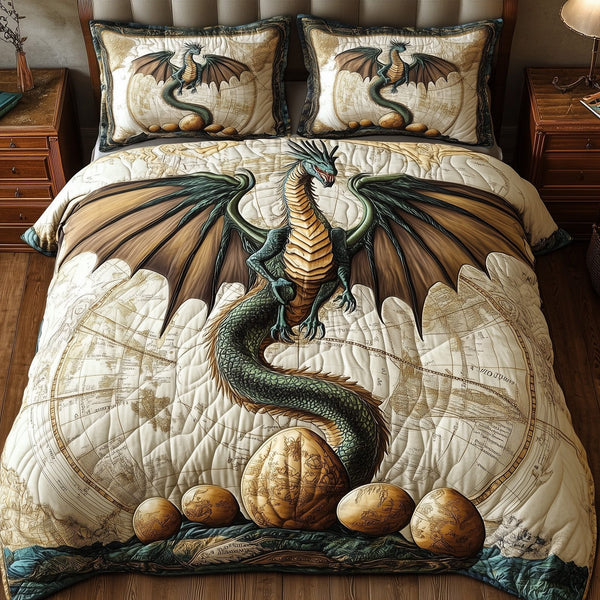 Majestic Dragon Legend quilted 3-piece bedding set on a made bed with two matching pillow shams
