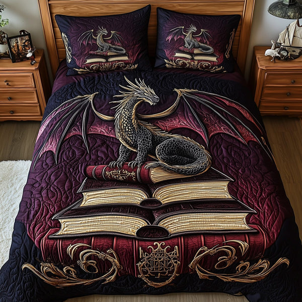 Majestic Dragon quilted 3-piece bedding set on a made bed with two matching pillow shams