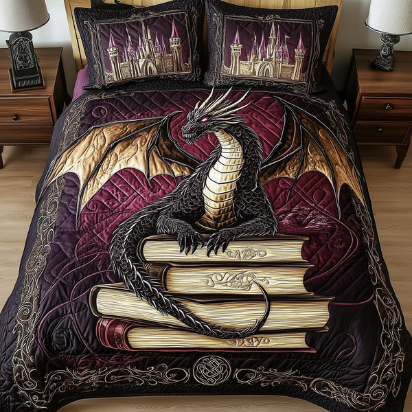 Majestic Dragon quilted 3-piece bedding set on a made bed with two matching pillow shams
