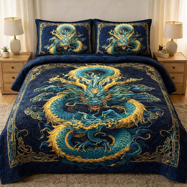 Majestic Dragon quilted 3-piece bedding set on a made bed with two matching pillow shams
