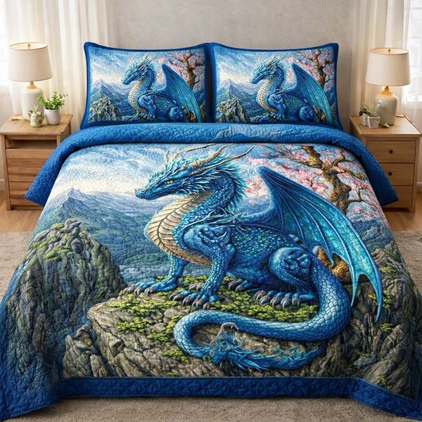 Majestic Dragon quilted 3-piece bedding set on a made bed with two matching pillow shams