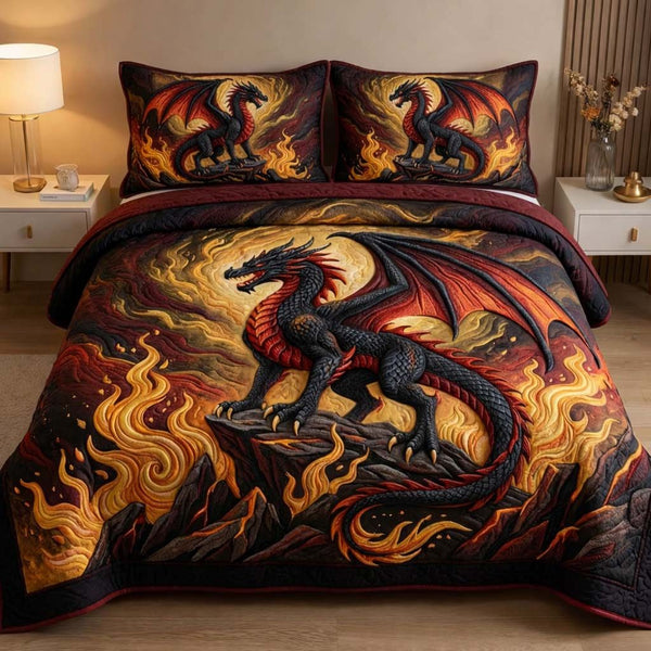 Majestic Dragon quilted 3-piece bedding set on a made bed with two matching pillow shams