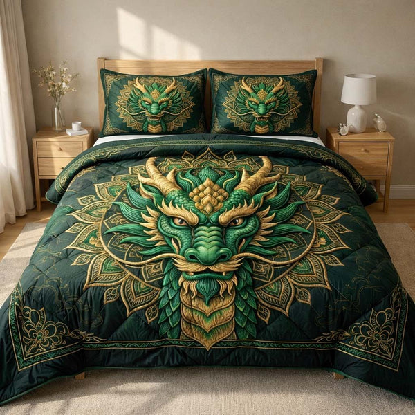 Majestic Dragon quilted 3-piece bedding set on a made bed with two matching pillow shams