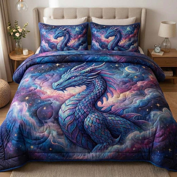 Majestic Dragon quilted 3-piece bedding set on a made bed with two matching pillow shams