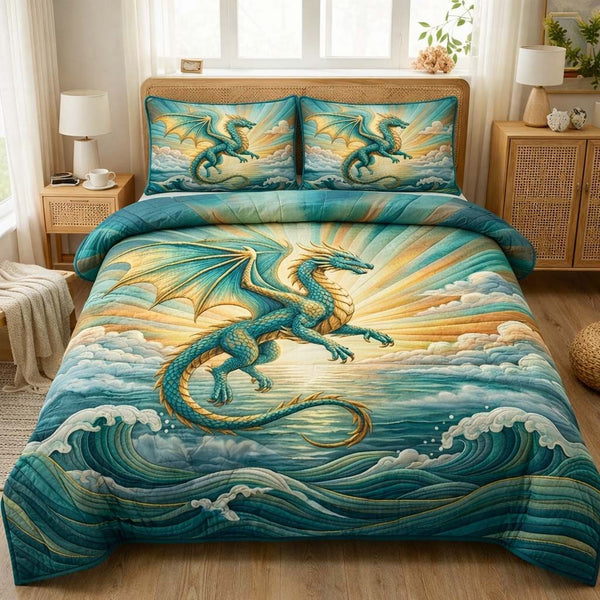 Majestic Dragon quilted 3-piece bedding set on a made bed with two matching pillow shams