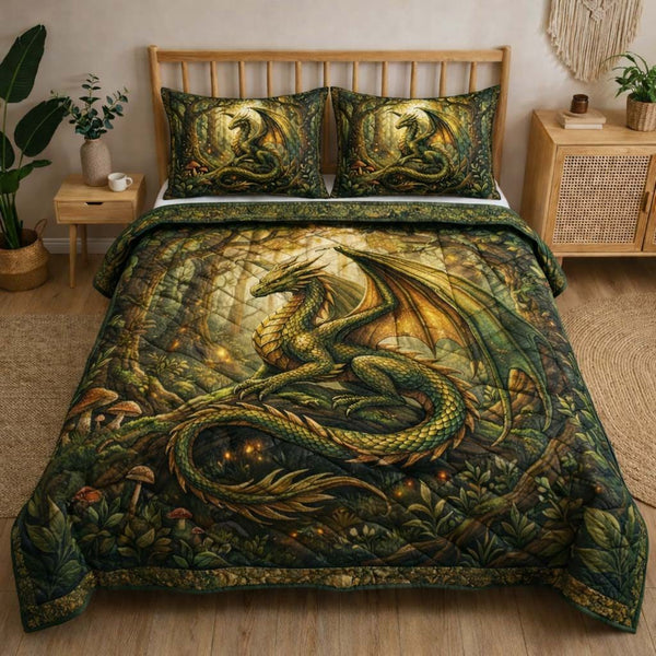 Majestic Dragon quilted 3-piece bedding set on a made bed with two matching pillow shams