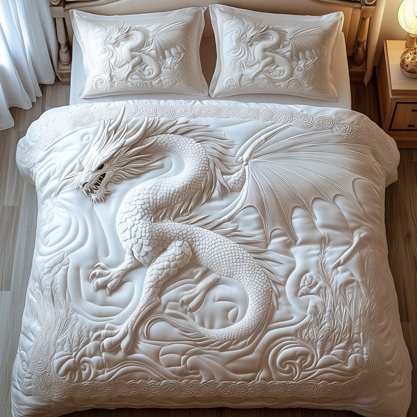 Majestic Dragon quilted 3-piece bedding set on a made bed with two matching pillow shams